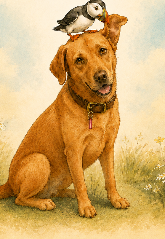 Puffin, a fox-red Labrador, with a puffin bird perched on her head, in a personalised illustrated pet storybook