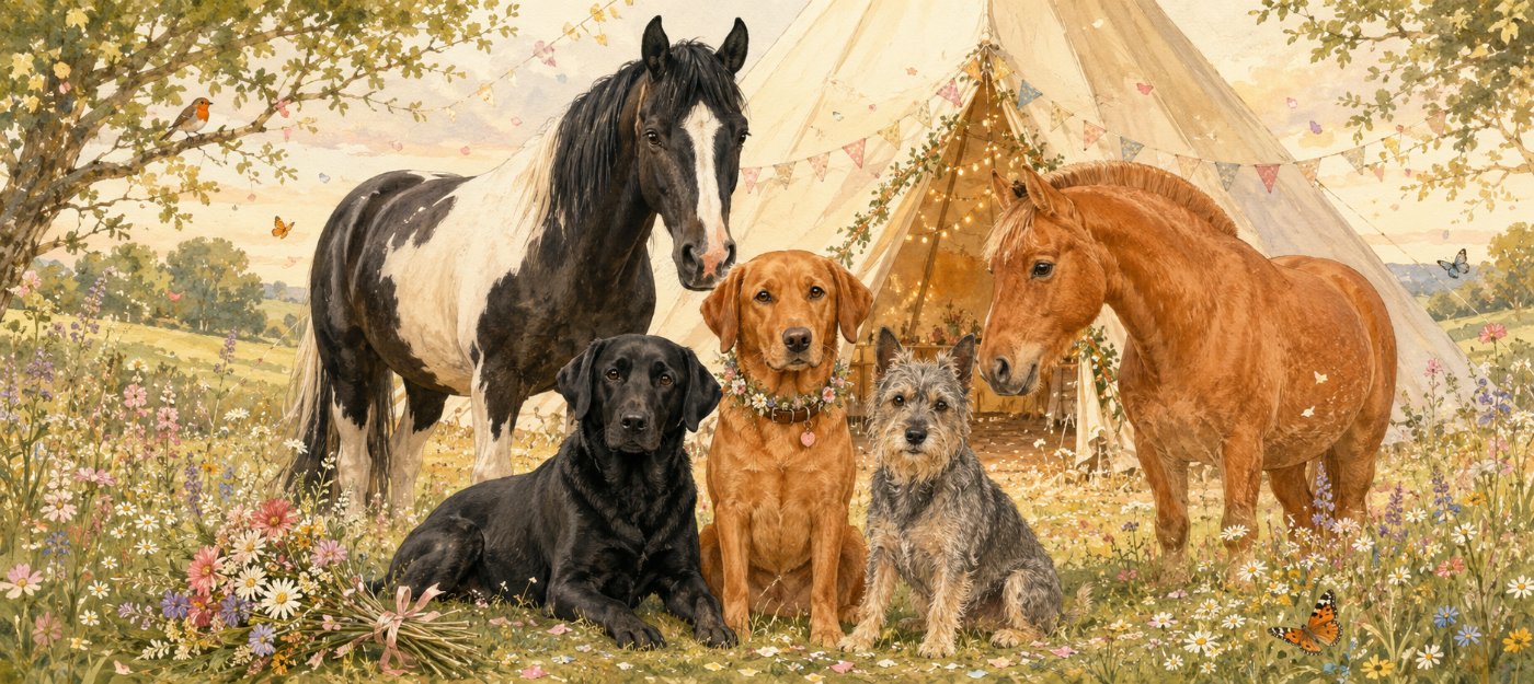 The 2020 wedding at Upham: a tipi, Captain the horse and Botcha the pony.