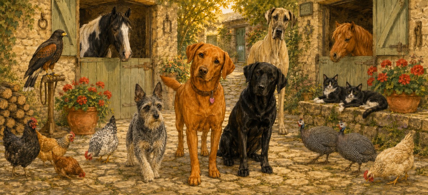 Poppy the terrier, Duke the Great Dane, hawks and hens, met without a growl.